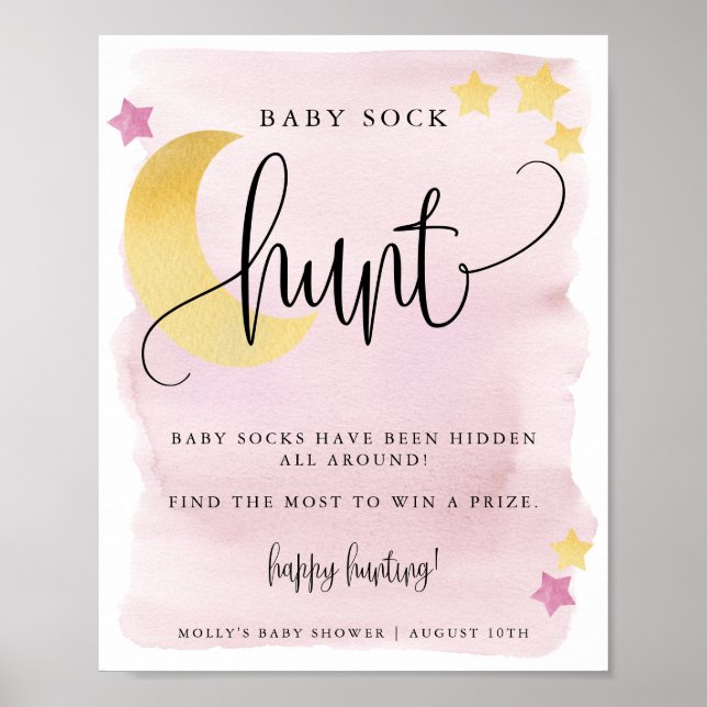 Over the Moon Pink Baby Shower Baby Sock Hunt Game Poster (Front)