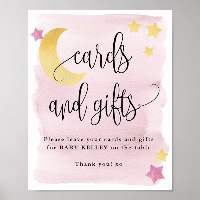 Over the Moon, Pink Baby Shower Cards and Gifts Poster (Front)