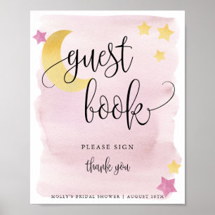 Over the Moon, Pink Baby Shower Guest Book Poster