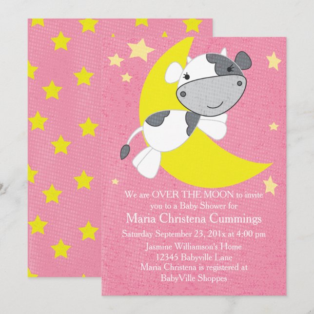 Over The Moon Pink Baby Shower Invitation (Front/Back)