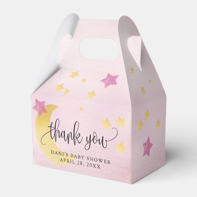 Over the Moon, Pink Baby Shower Moon Stars Favour Box (Front Side)
