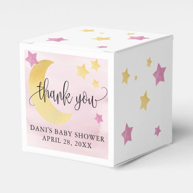 Over the Moon, Pink Baby Shower Moon Stars Small Favour Box (Front Side)