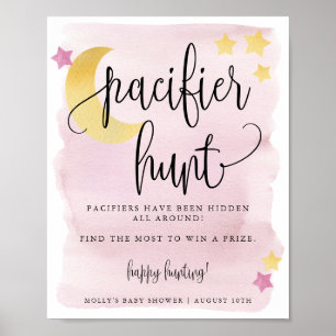 Over the Moon, Pink Baby Shower Pacifier Game Hunt Poster