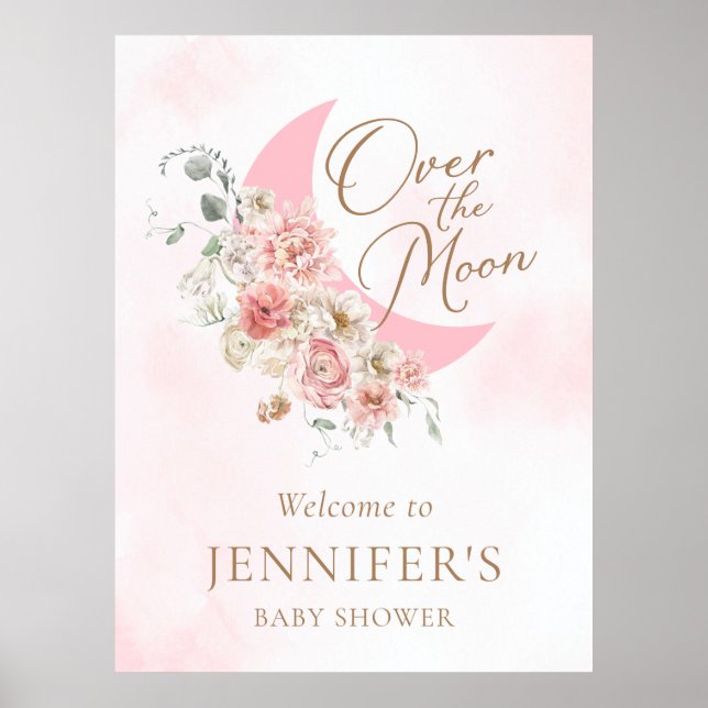 Over the Moon Pink Baby Shower Welcome Poster (Front)