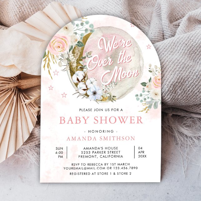 Over The Moon Pink Floral Arch Baby Shower Invitation (Creator Uploaded)