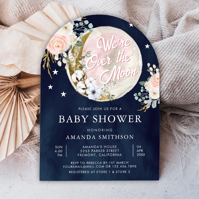 Over The Moon Pink Floral Navy Blue Baby Shower Invitation (Creator Uploaded)