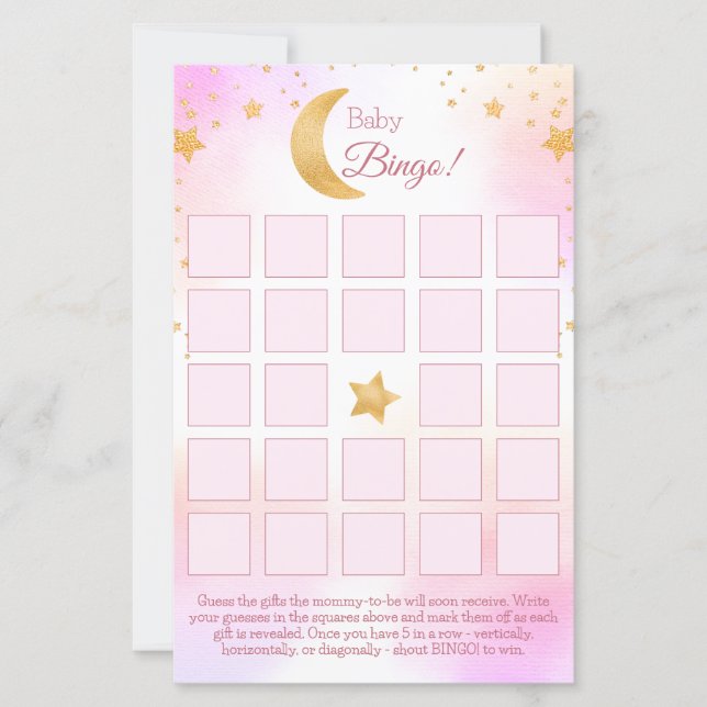 Over the Moon Pink Girl Baby Shower Bingo Card (Front)