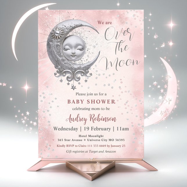 Over The Moon Pink Girl Baby Shower  Invitation (Over The Moon Pink Girl Baby Shower Invitation)
