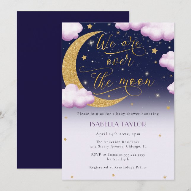Over the Moon Pink Girl Baby Shower Invitation (Front/Back)