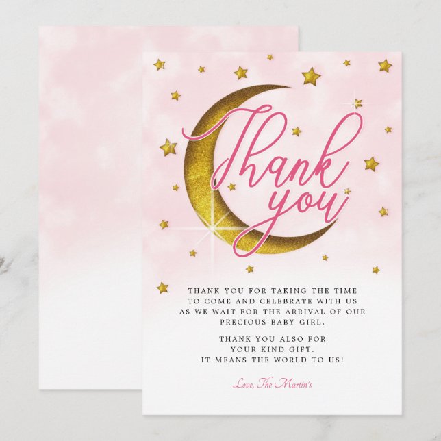 Over The Moon Pink Gold Baby Shower Thank You Card (Front/Back)