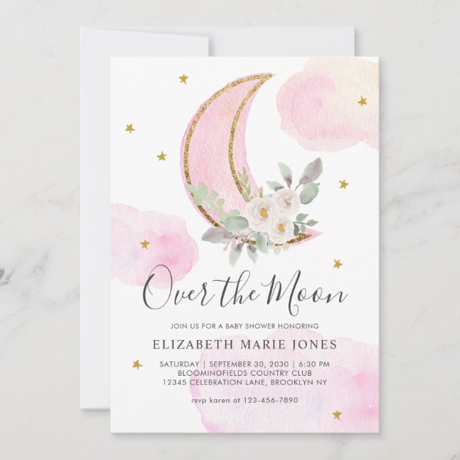 Over the Moon Pink Gold Dreamy Girl Baby Shower  I Invitation (Front)
