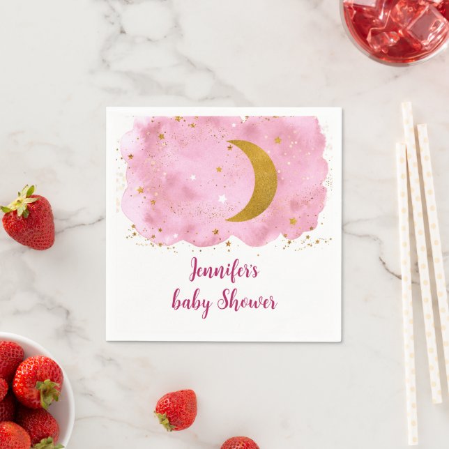 Over the Moon Pink Gold Galaxy Baby Shower Napkin (Insitu)