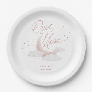 Over The Moon Pink Gold Stars Baby Shower Paper Plate
