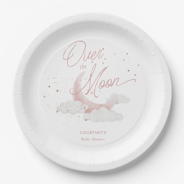 Over The Moon Pink Gold Stars Baby Shower Paper Plate (Front)