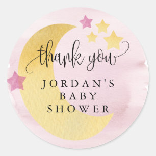 Over the Moon, Pink Personalised Baby Shower Favou Classic Round Sticker
