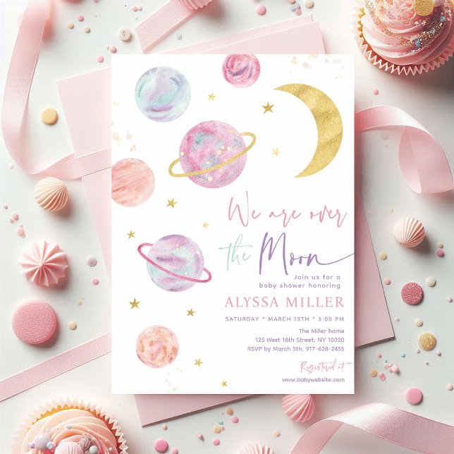 Over the Moon Pink Space Girl Baby Shower Invitation (Creator Uploaded)