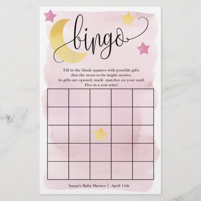 Over The Moon, Pink Stars Bingo Paper Game Card (Front)