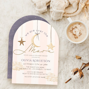 Over the Moon Pink Stripes Girl Baby Shower Invitation