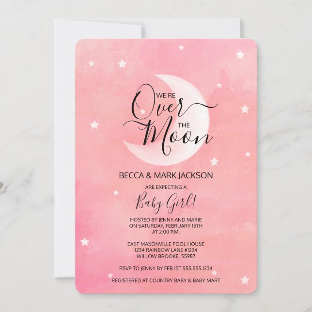 Over The Moon Pink Watercolor Baby Shower Invitation (Front)