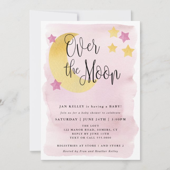 Over the Moon, Pink Watercolor Baby Shower Invitation (Front)