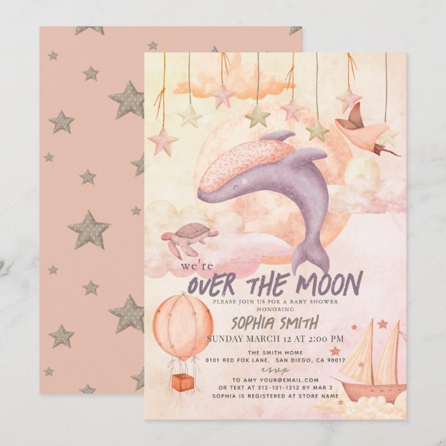 Over the Moon Pink Whale Boho Girl Baby Shower Invitation (Front/Back)