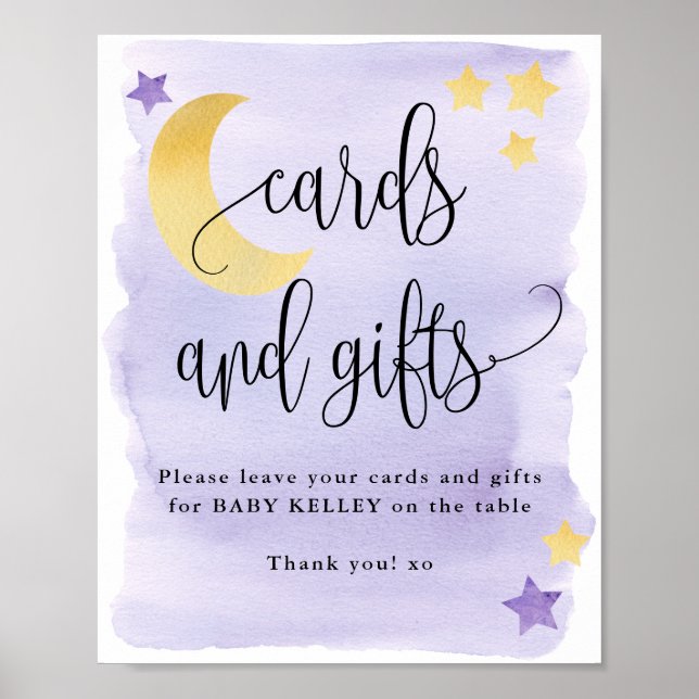 Over the Moon, Purple Baby Shower Cards and Gifts Poster (Front)