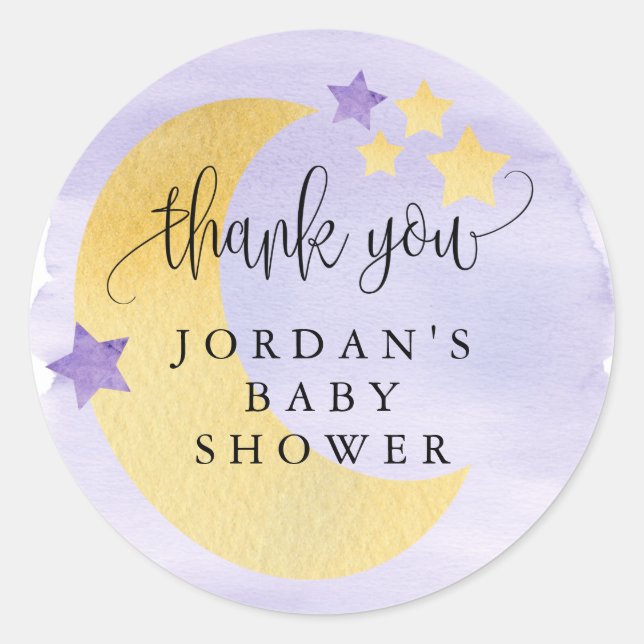 Over the Moon, Purple Baby Shower Favour Classic Round Sticker (Front)
