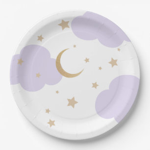 Over the Moon Purple Baby Shower Paper Plate