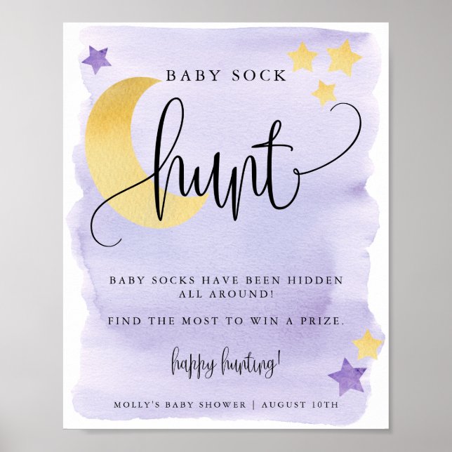 Over the Moon Purple Baby Shower Sock Hunt Poster (Front)