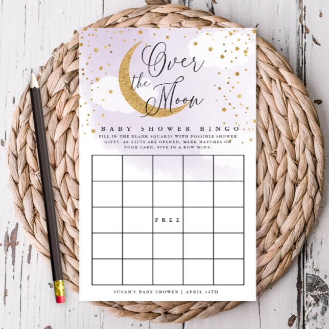 Over the Moon Purple & Gold Baby Paper Bingo Card (Creator Uploaded)