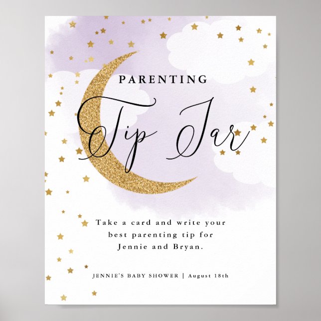 Over the Moon Purple Parenting Tips Baby Shower Poster (Front)