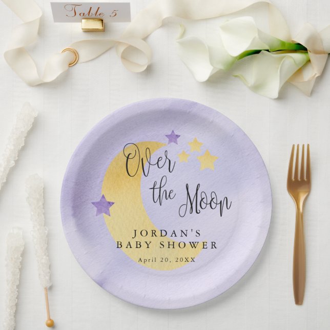 Over the Moon, Purple Personalised Baby Shower Paper Plate (Wedding)