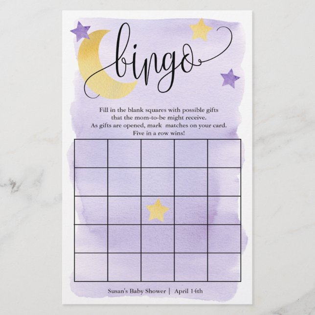 Over The Moon, Purple Stars Bingo Paper Game Card (Front)