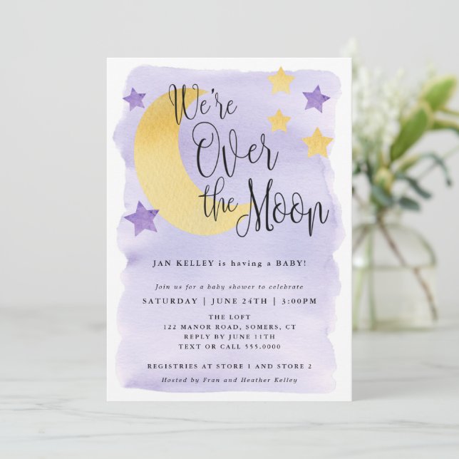 Over the Moon, Purple Watercolor Baby Shower Invitation (Standing Front)