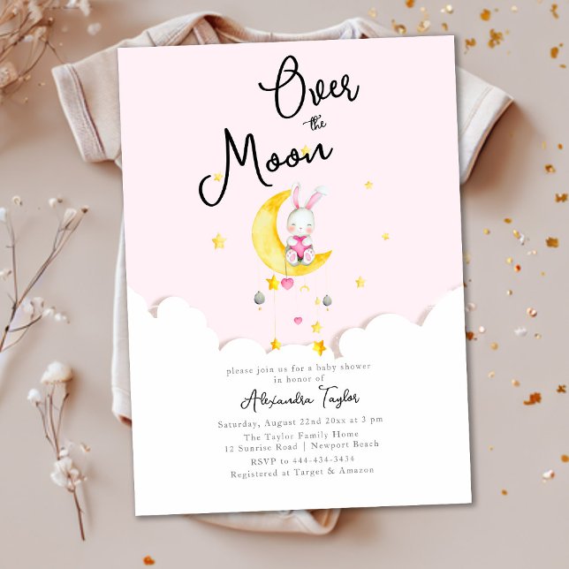 Over the Moon Rabbit Pink Heart Girl Baby Shower Invitation (Creator Uploaded)