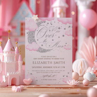 Over the Moon Silver Pink Baby Shower Invitation