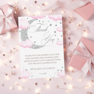 Over the Moon Silver Pink Baby Shower Welcome Thank You Card