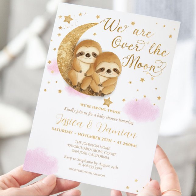 Over the Moon Sloth Girl Twins Pink Baby Shower Invitation (Creator Uploaded)