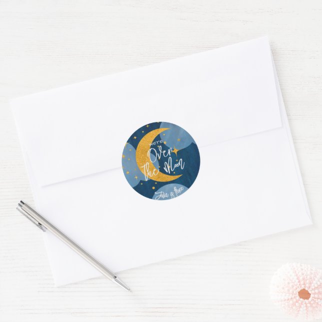 Over the moon sparkling moon kids Birthday Classic Round Sticker (Envelope)