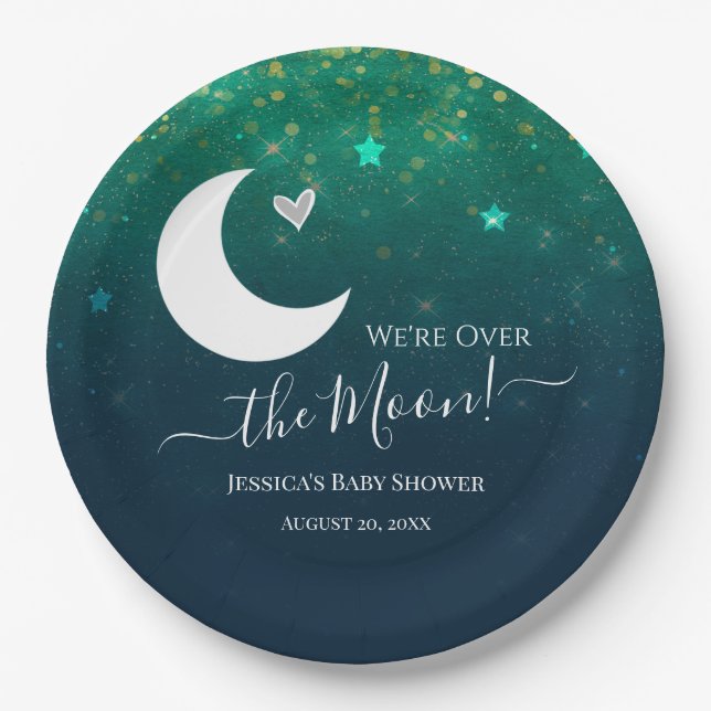 Over the Moon Star Sky Baby Shower Paper Plate (Front)