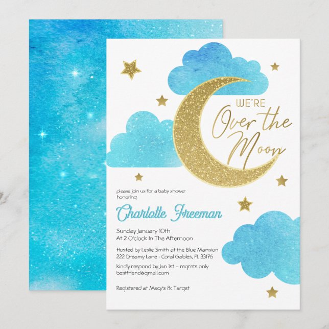 Over the Moon Starry Night Baby Shower Invitation (Front/Back)