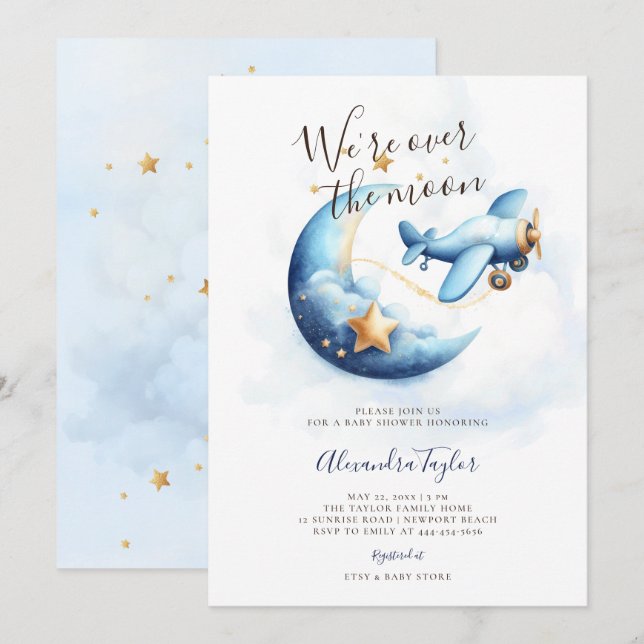 Over the Moon Stars Aeroplane Blue Baby Boy Shower Invitation (Front/Back)