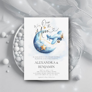 Over the Moon Stars Aeroplane Coed Baby Boy Shower Invitation