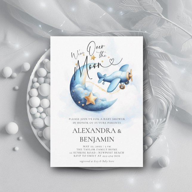 Over the Moon Stars Aeroplane Coed Baby Boy Shower Invitation (over the moon baby shower invitation boy toy airplane moon stars watercolor cute adorable coed )