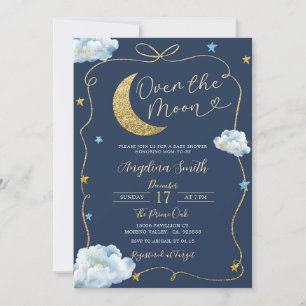 Over the Moon Stars Baby Shower Handdrawn With Bow Invitation