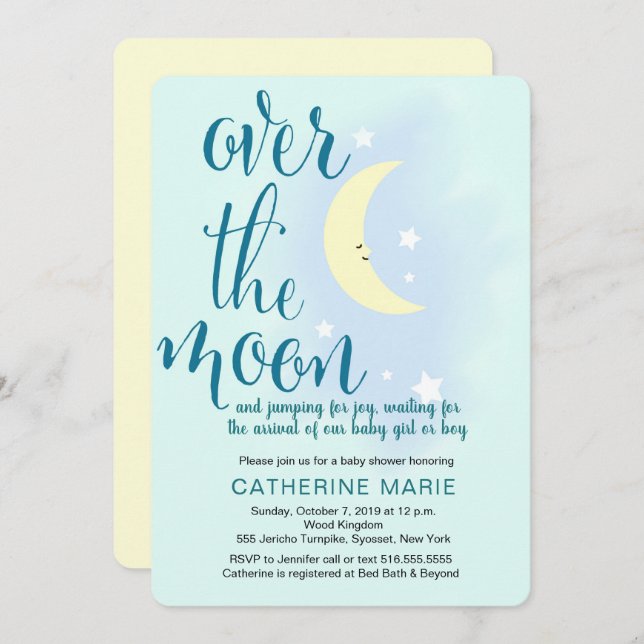 Over the moon, stars, baby shower invitations (Front/Back)