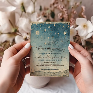 Over the Moon Stars Blue Baby Shower Invitation