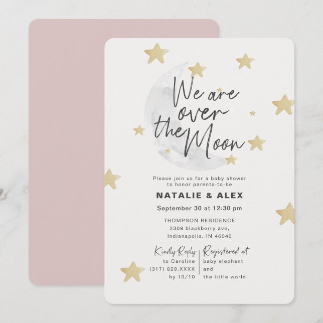 Over The Moon & Stars Girl Baby Shower Invitation (Front/Back)