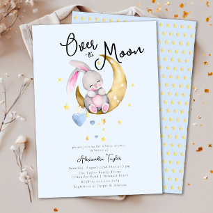 Over the Moon Stars Rabbit Blue Boy Baby Shower Invitation