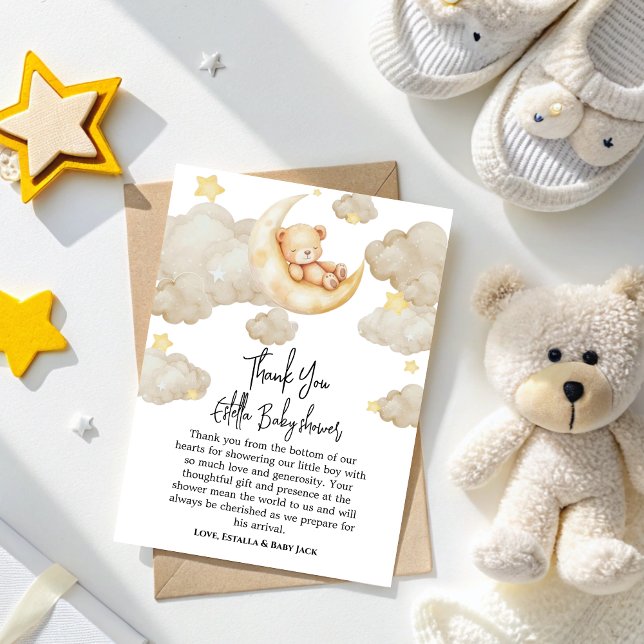 Over The Moon  stars Teddy Bear Baby Shower Thank You Card (Creator Uploaded)